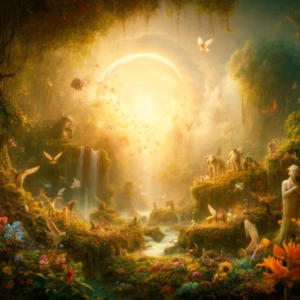 Un jaquette de CD avec Un paysage magnifique, magique et mystique avec beaucoup d'animaux dans la jungle, des cascades, des fleurs, des gens qui ressemblent à des anges, des rayons de soleil brillant à travers un arc-en-ciel orange dans leurs yeux, des oiseaux qui volent autour d'eux. L'image est très détaillée et hyper réaliste pour decrire le paysage sonore de cette musique pour arreter de fumer en musique .